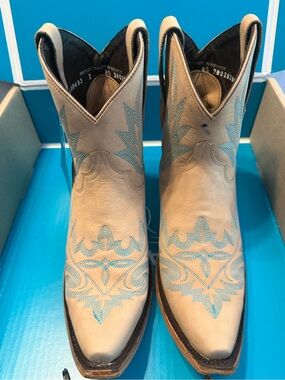 Lane Lexington Cowboy Tan Leather Western Ankle Boots Teal Stitching Women 8.5